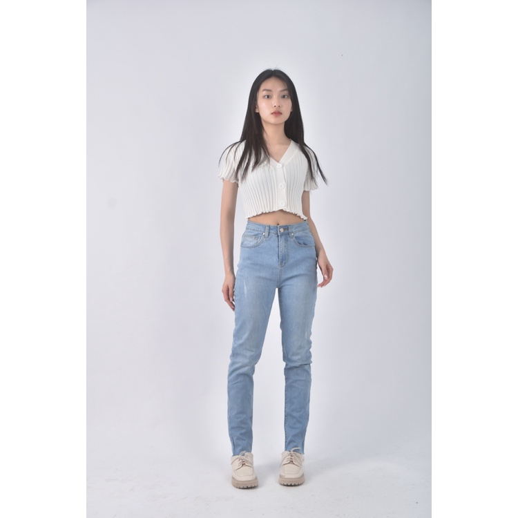 (M) meier q高腰丹寧牛仔質感棉質藍色長褲二手衣, , large