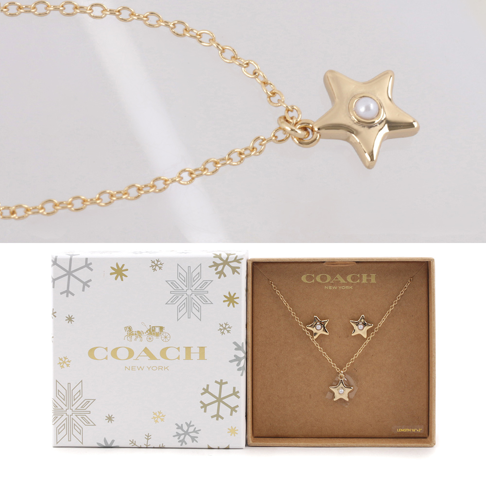 COACH 水鑽鑲飾星星造型項鍊+耳環組/金色, , large