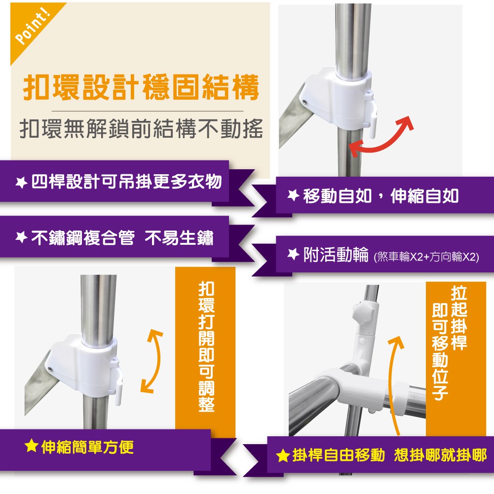 【雙手萬能】日式熱銷百變不鏽鋼四桿活動曬衣架(晾曬/收納/大容量/居家), , large