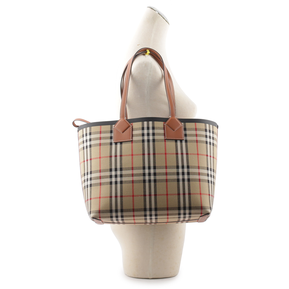 BURBERRY London 經典格紋棉質帆布小型托特包/石楠木棕/黑色, , large