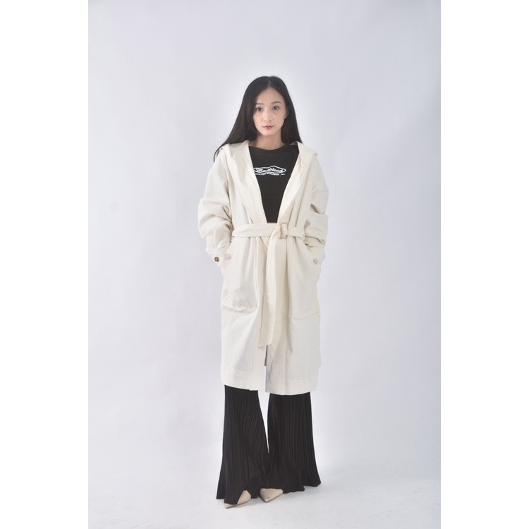 (XL) key wear丹寧牛仔質感棉質大衣杏色綁帶外套二手衣, , large