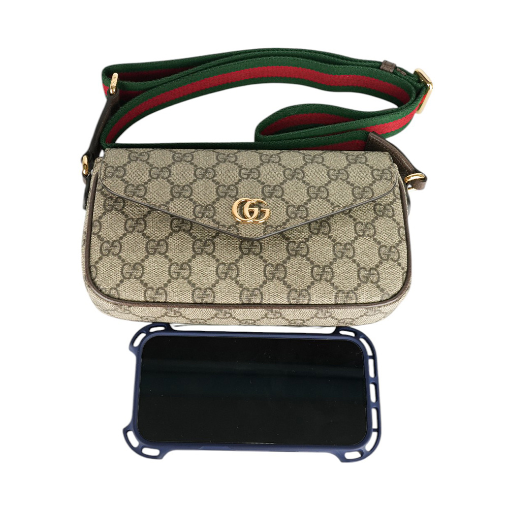 GUCCI Ophidia 塗層帆布及綠紅織帶信封式迷你斜背包/米色/烏木色, , large