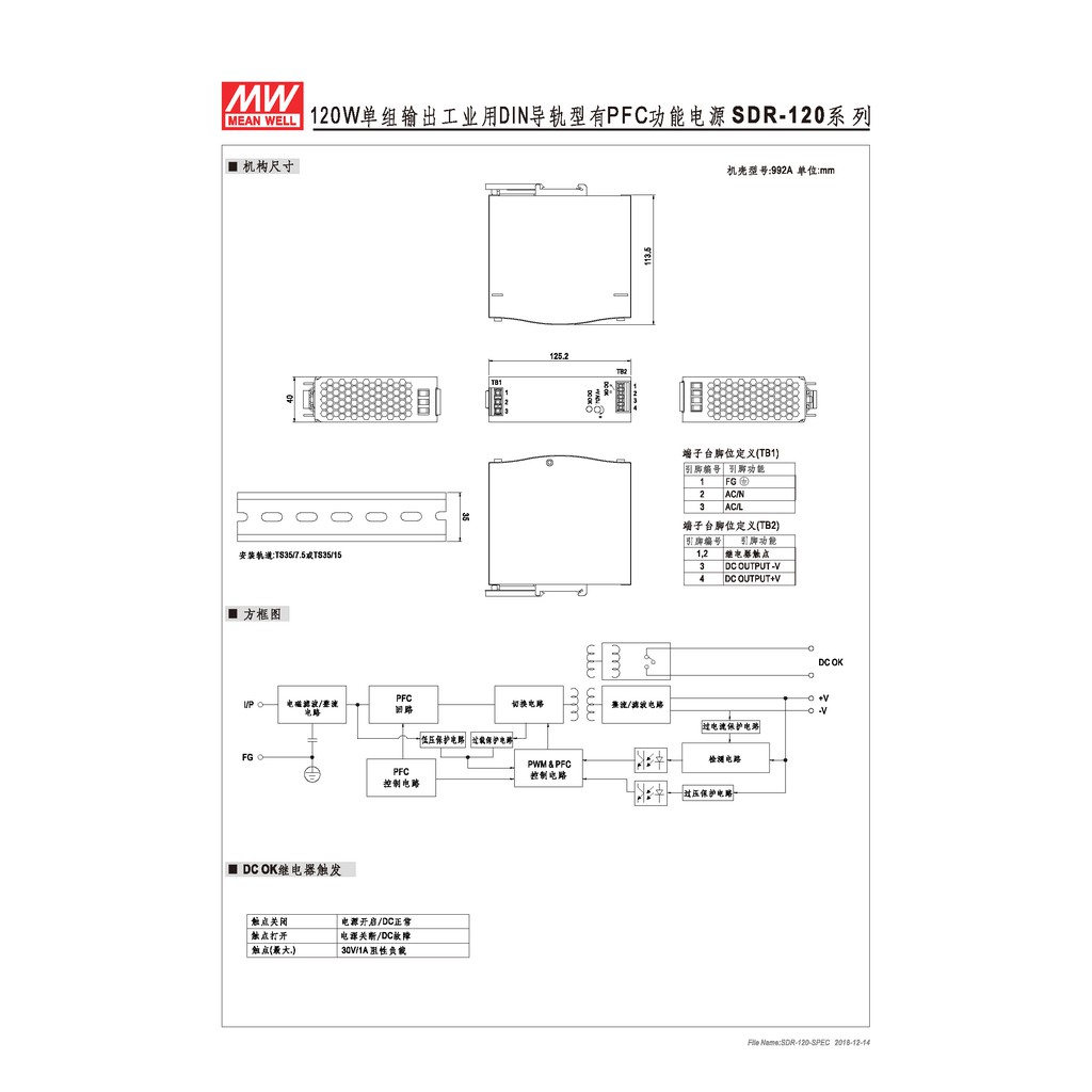 明緯 120W軌道式電源供應器(SDR-120-12), , large