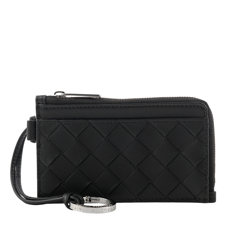 BOTTEGA VENETA L 型銀色拉鍊小牛皮編織附鑰匙釦卡包/零錢包/黑色, , large