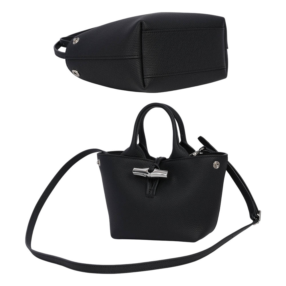 LONGCHAMP Roseau XS 竹節釦牛皮手提/斜背迷你二用包/黑色, , large