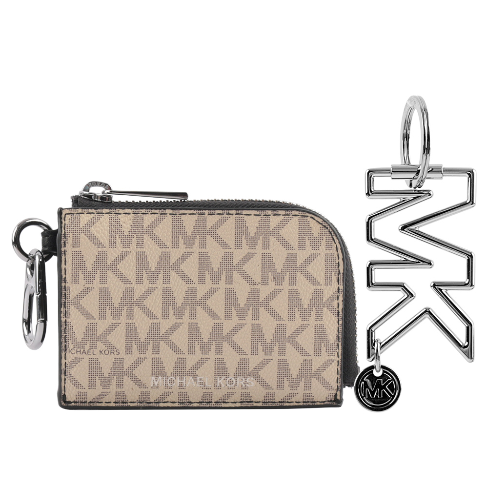 Michael Kors 塗層帆布拉鍊卡夾/零錢包及Logo鑰匙圈禮盒組/亞麻色, , large