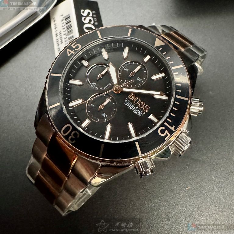 [星晴錶業]BOSS手錶,46mm,HB1513705黑色錶面黑錶殼金銀相間精鋼錶帶款, , large