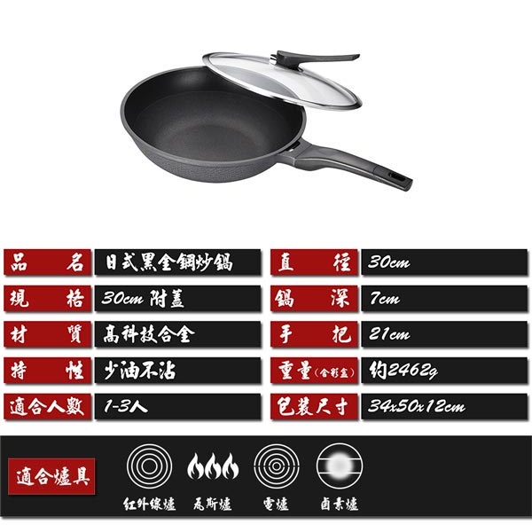 PERFECT 理想牌 日式黑金鋼炒鍋不沾炒鍋附蓋 附蓋30cm-Leidea樂德兒, , large