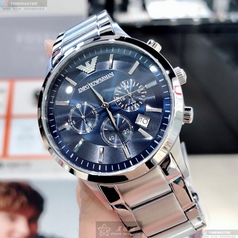 [星晴錶業]ARMANI手錶,44mm,AR00025寶藍色錶面銀錶殼銀色精鋼錶帶款, , large