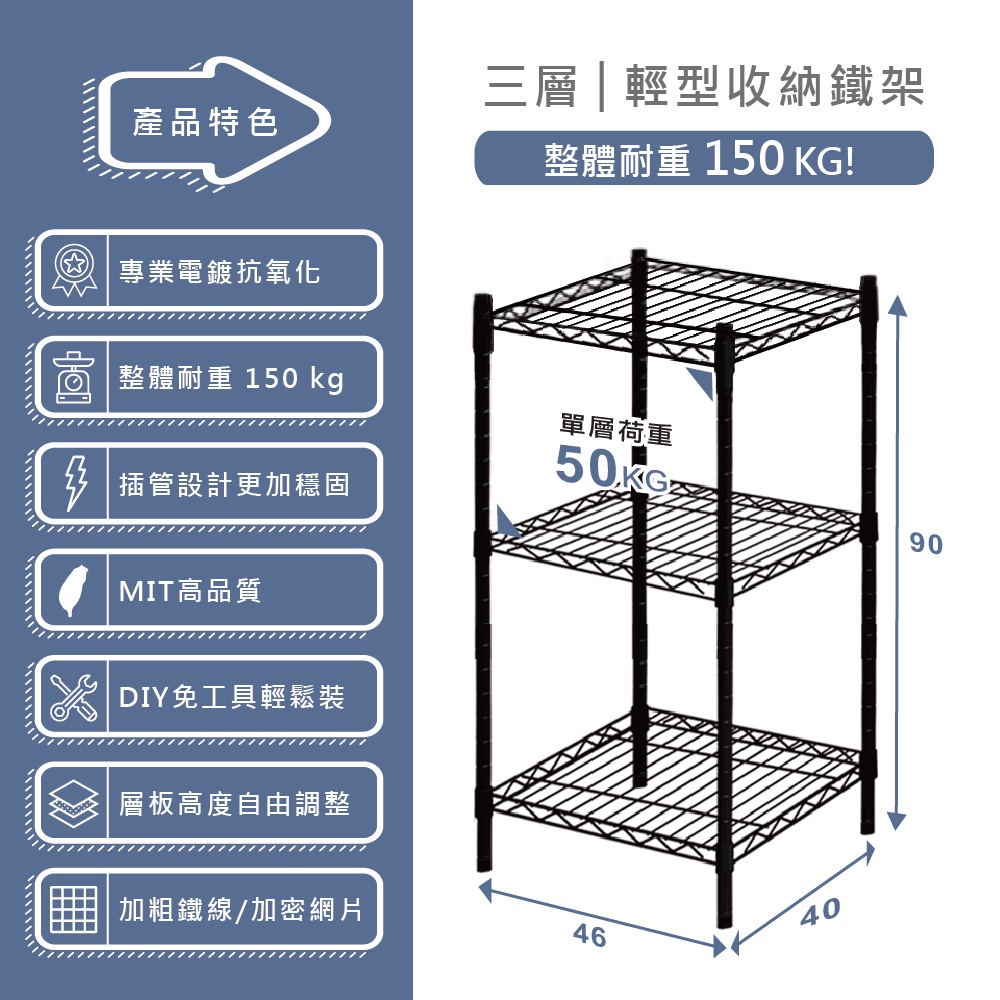 KIWISH 46x40x90H Black 3-Tier Wire Shelving Unit | Heavy Duty Metal Storage Rack | Made in Taiwan, Free Shipping, , large