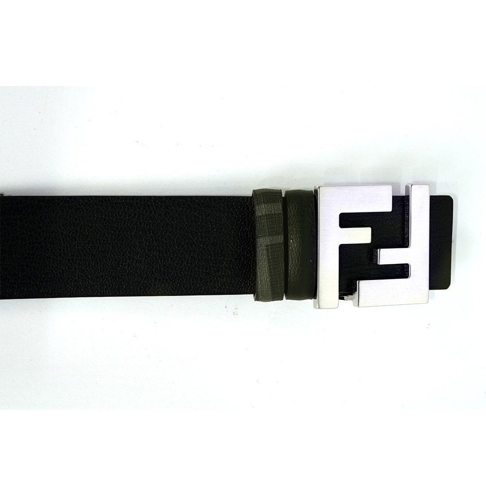 FENDI FF Squared 銀釦帆布及牛皮 85cm 雙面可用皮帶/黑色/黑灰色, , large