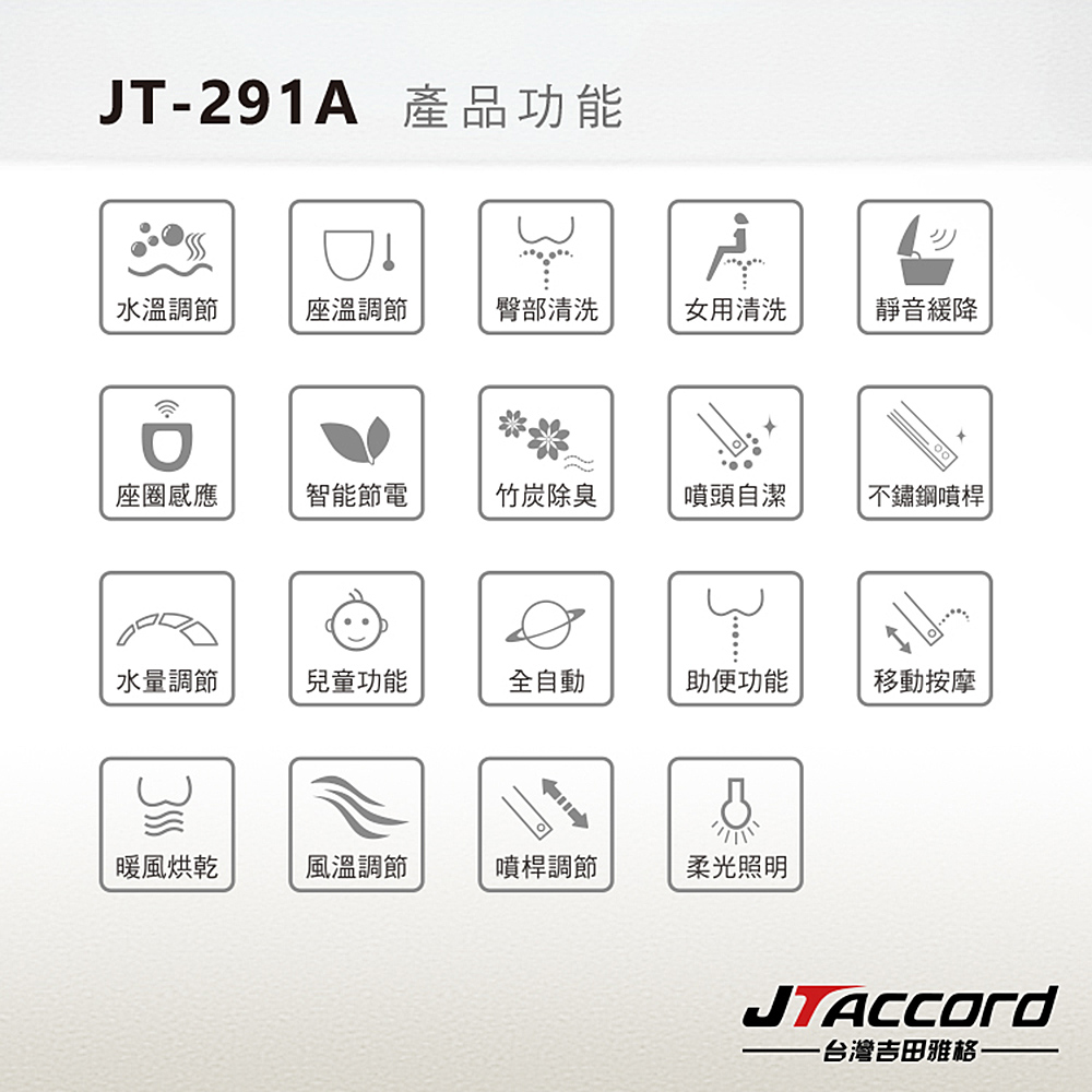 【JTAccord 台灣吉田】JT-291A 儲熱式省電溫水洗淨免治馬桶便座(標準版/未含安裝), , large