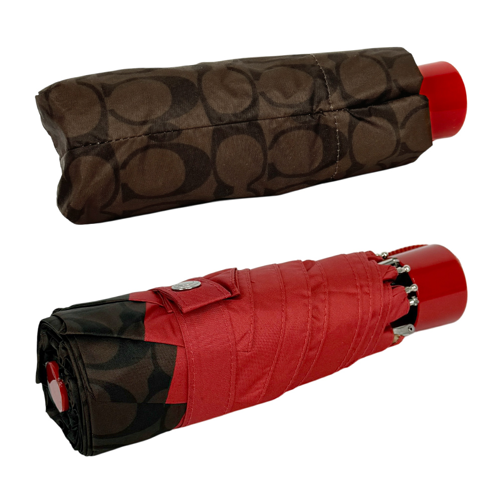 COACH CC Logo 滿版標誌環保材質迷你雨傘/棕色/亮紅色, , large