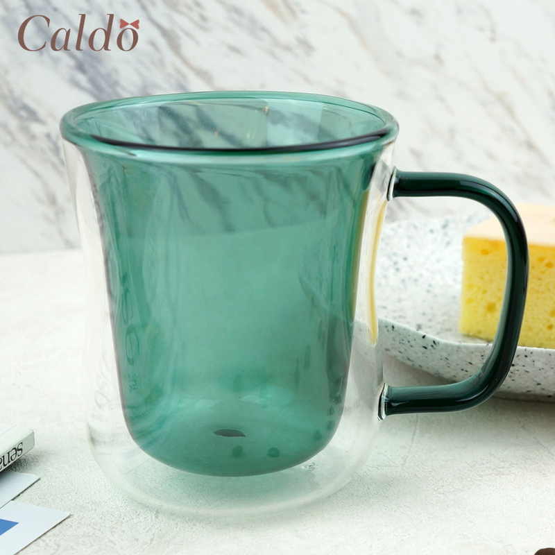 [ Caldo卡朵 ] 恬靜雙層隔熱撞色有柄玻璃杯 380ml  -  湖綠, , large