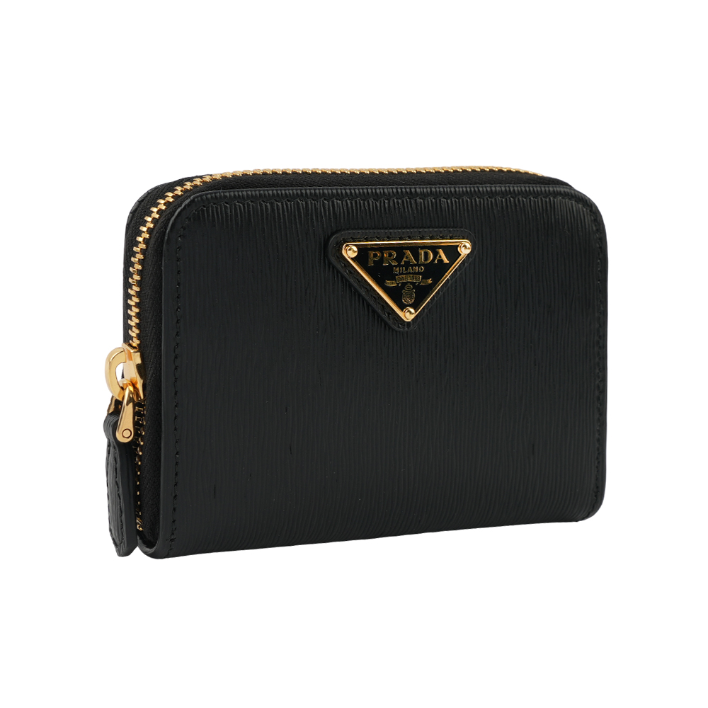 PRADA 三角牌Logo 水波紋皮革零錢包/黑色, , large