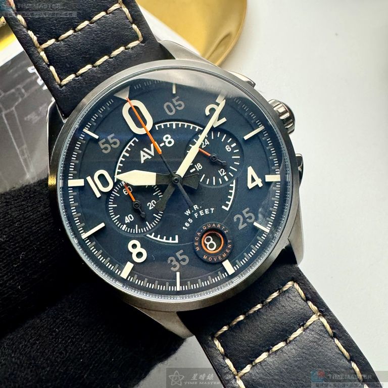 [星晴錶業]新品牌手錶,42mm,AV52668寶藍色錶面黑錶殼深黑色真皮皮革錶帶款, , large