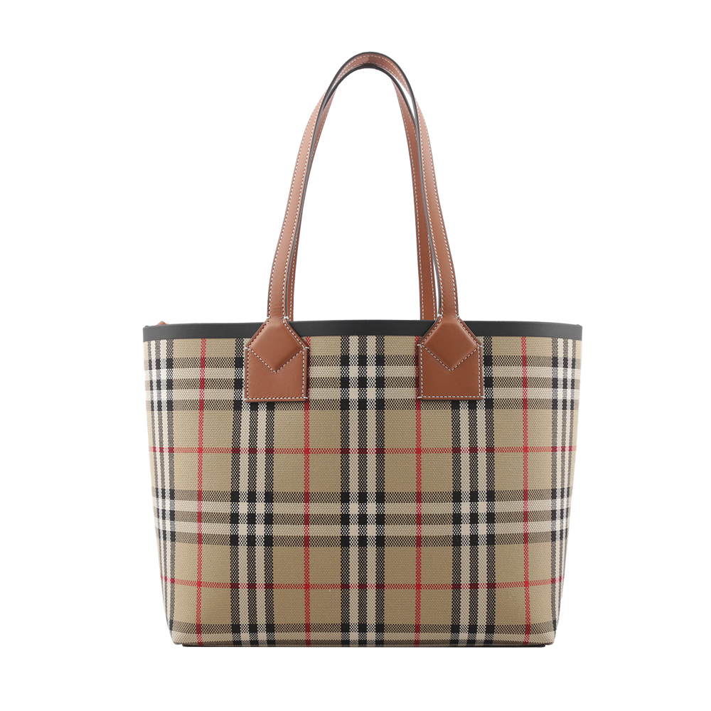 BURBERRY London 經典格紋棉質帆布小型托特包/石楠木棕/黑色, , large