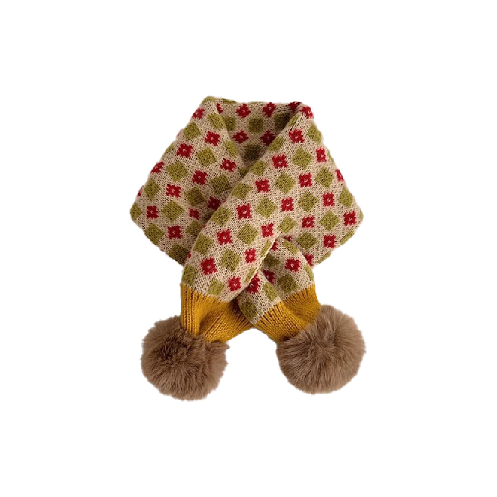 韓系方塊碎花毛球保暖圍巾, , large