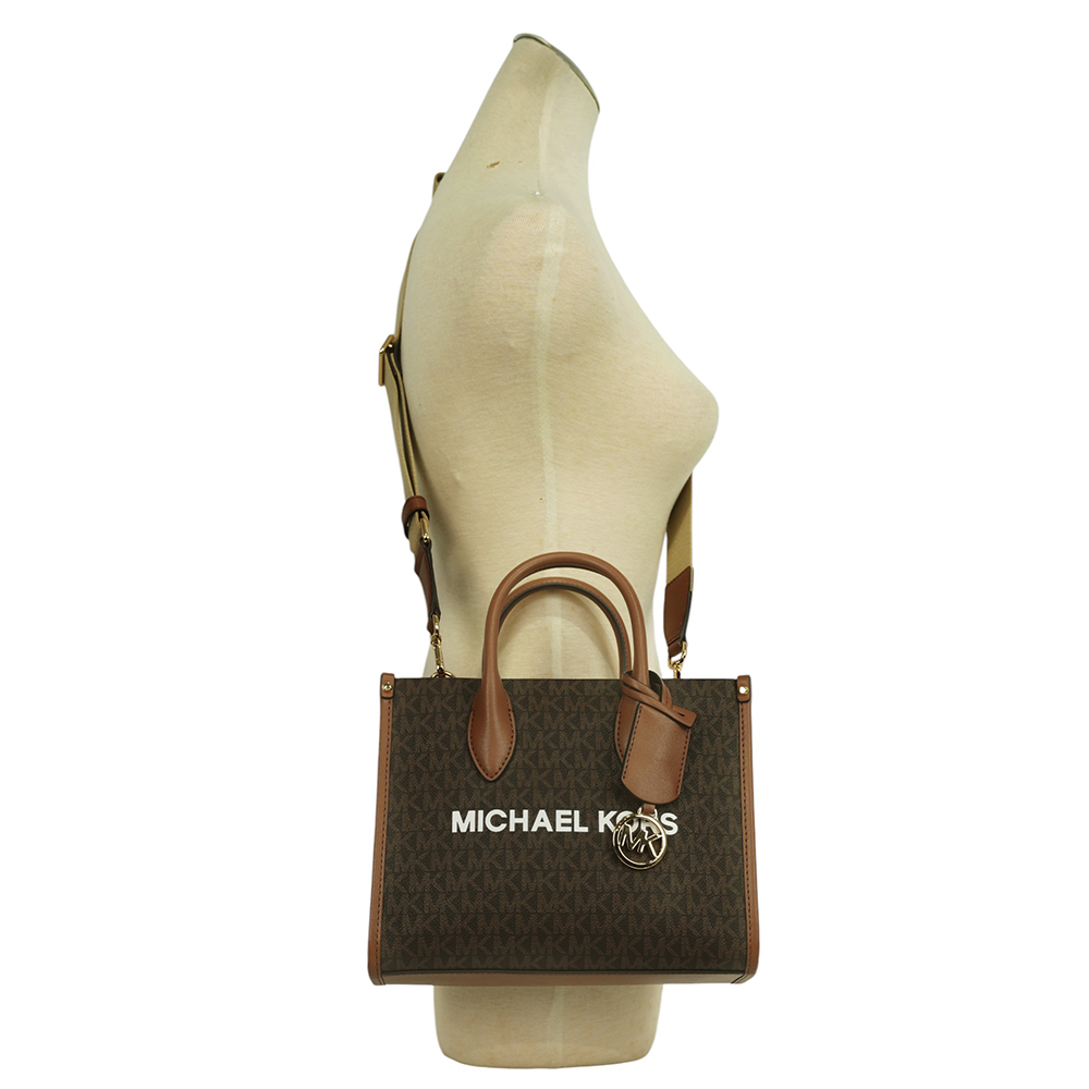 Michael Kors Mirella 滿版塗層帆布尼龍寬背帶小款二用托特包/棕色, , large