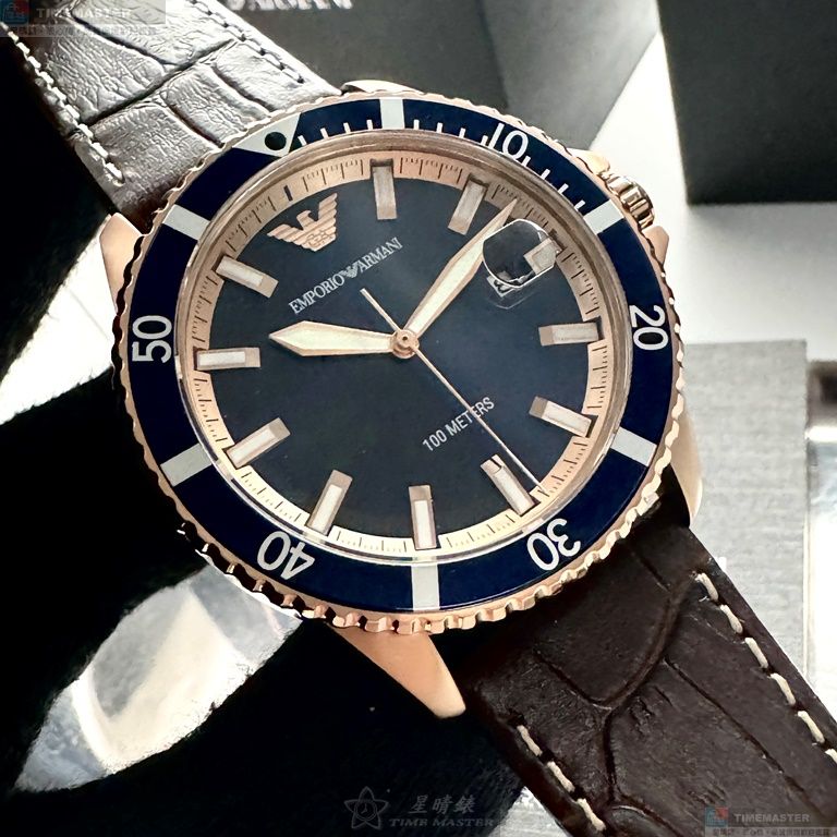[星晴錶業]ARMANI手錶,42mm,AR00047寶藍色錶面玫瑰金錶殼咖啡色真皮皮革錶帶款, , large
