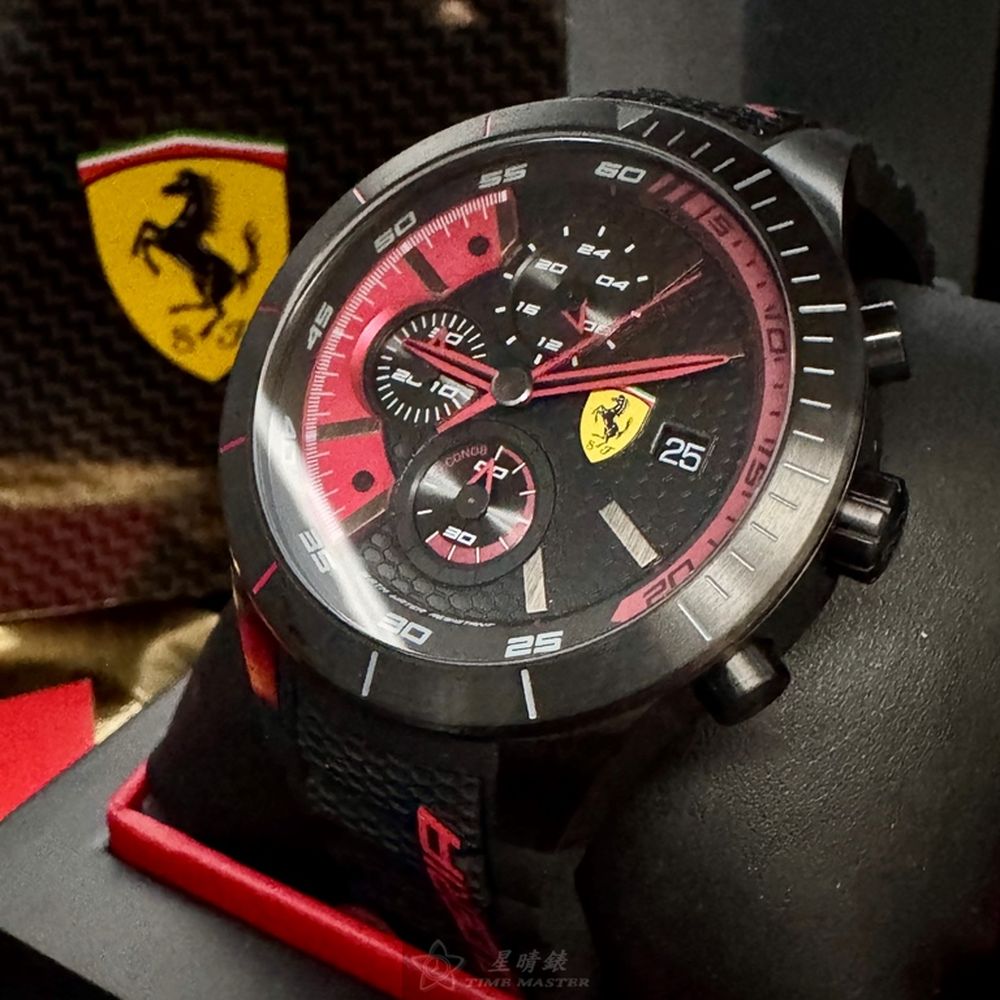 [星晴錶業]FERRARI手錶,46mm,FE00105黑色錶面黑錶殼深黑色矽膠錶帶款