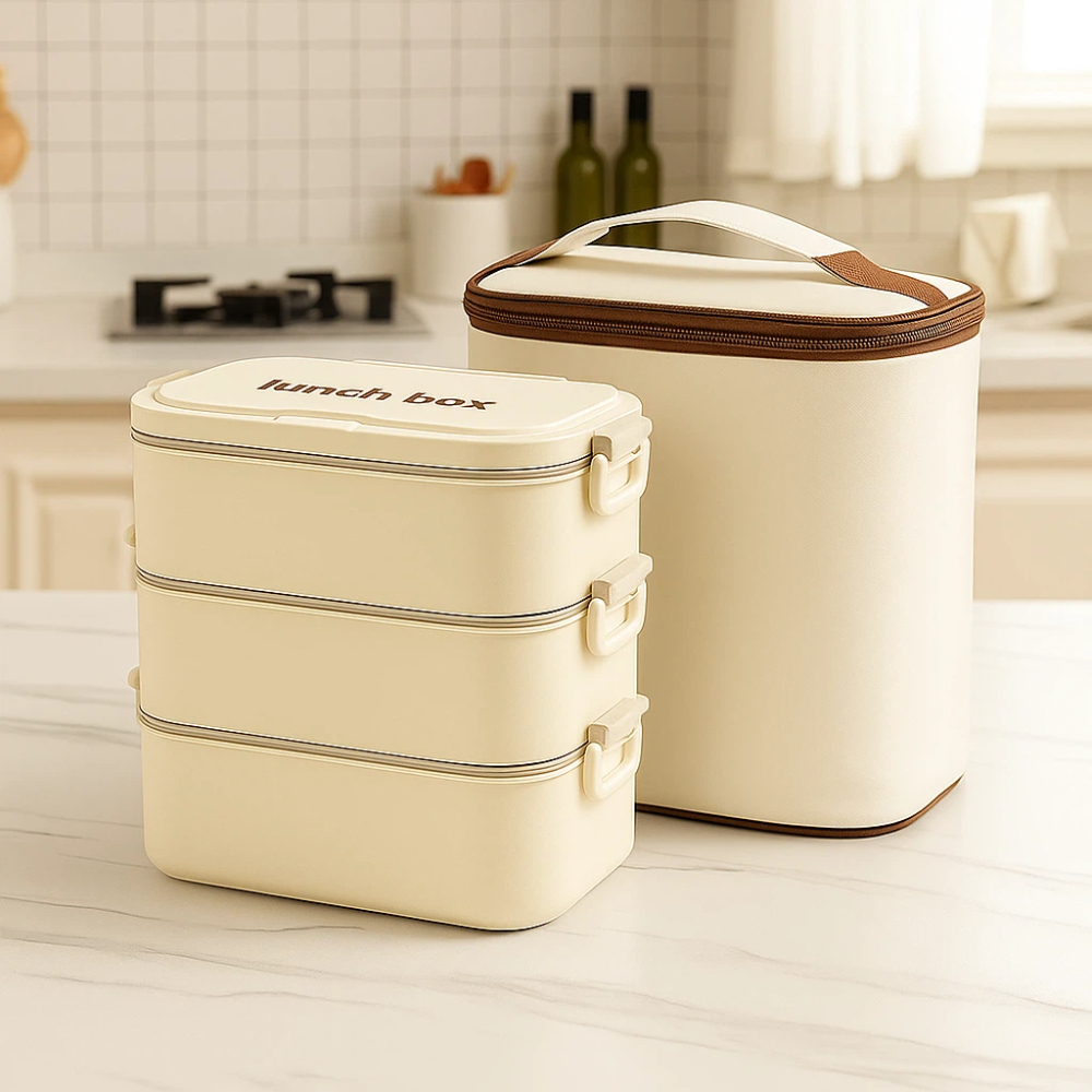 【A&R】日系316不鏽鋼三層便當盒 附餐具 保溫袋 1200ML - 香草奶霜, , large