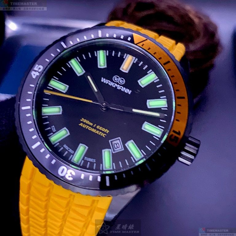 [星晴錶業]WAKMANN手錶,44mm,WA00029黑色錶面黑錶殼黃矽膠錶帶款, , large