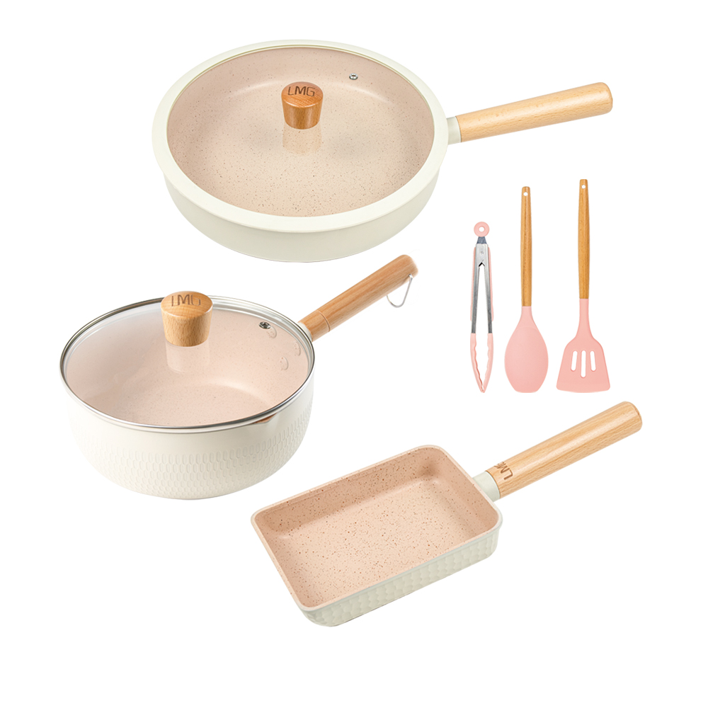 【LMG】象牙白 雪藏不沾雪平鍋/平底鍋/玉子燒鍋 三鍋超值組(贈玫瑰粉料理三件組), , large