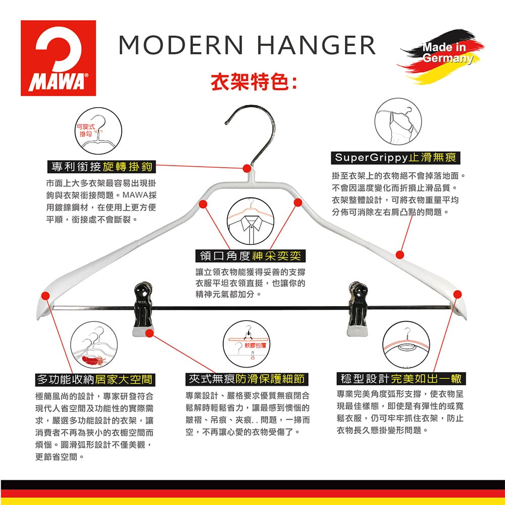 【德國MAWA】德國原裝進口 無痕止滑 時尚簡約衣架42cm 40入/白, , large