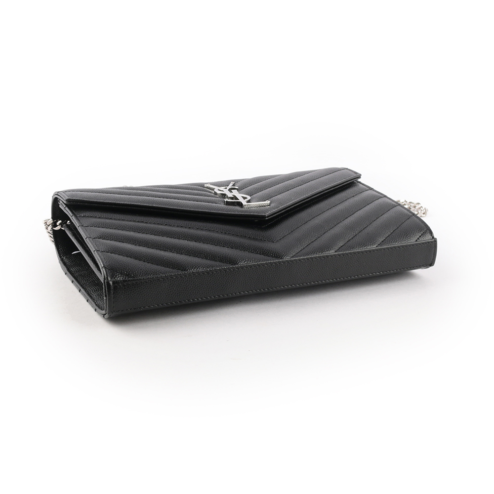 YSL V紋荔枝皮銀色LOGO WOC 斜背包/黑色, , large