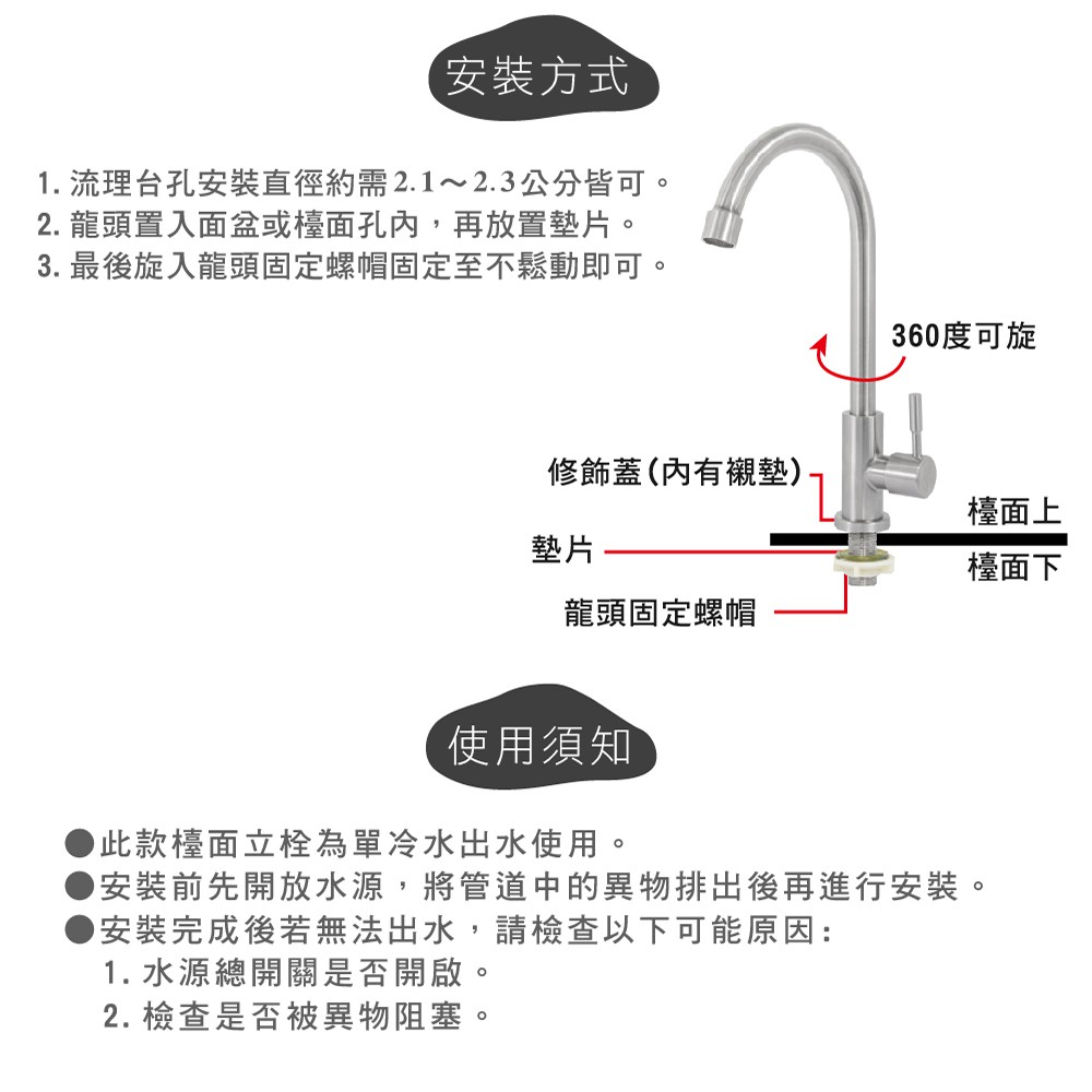 【雙手萬能】正304不鏽鋼單冷水可旋式檯面立栓主體(僅龍頭), , large