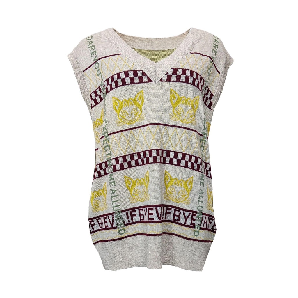 EVA貓咪織紋米色毛針織背心, , large