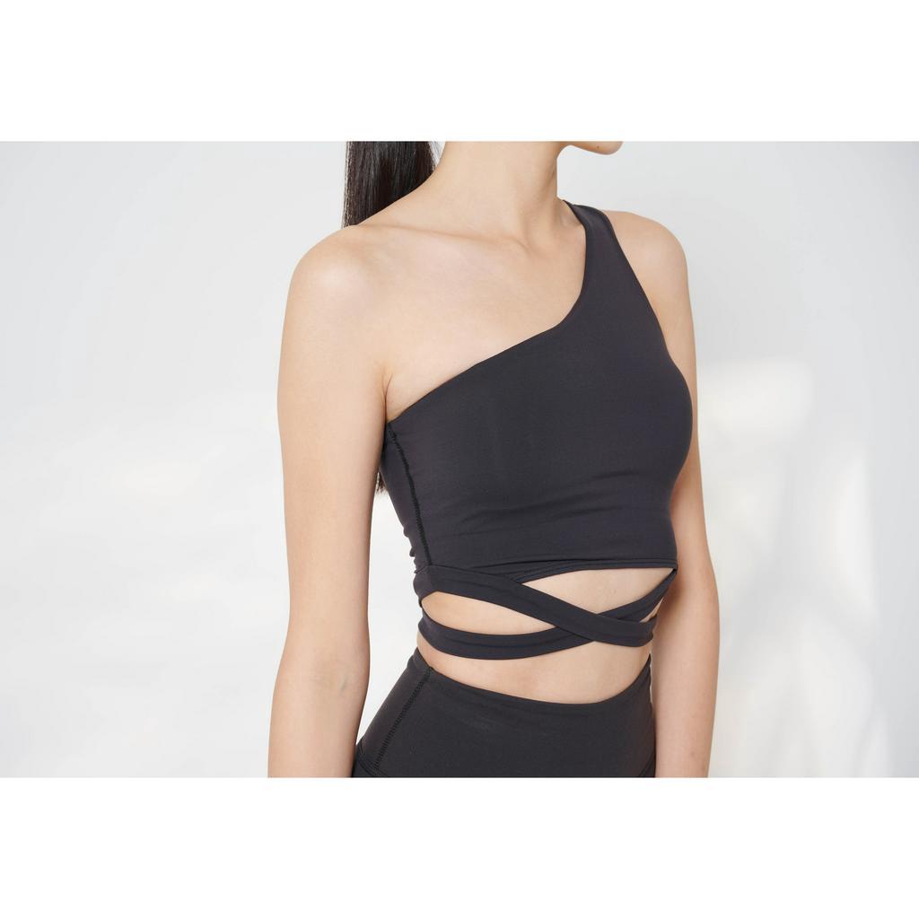 YOGA FLOW Skylar Bra - 單肩交叉鏤空短版上衣 - 淨黑 Black, , large