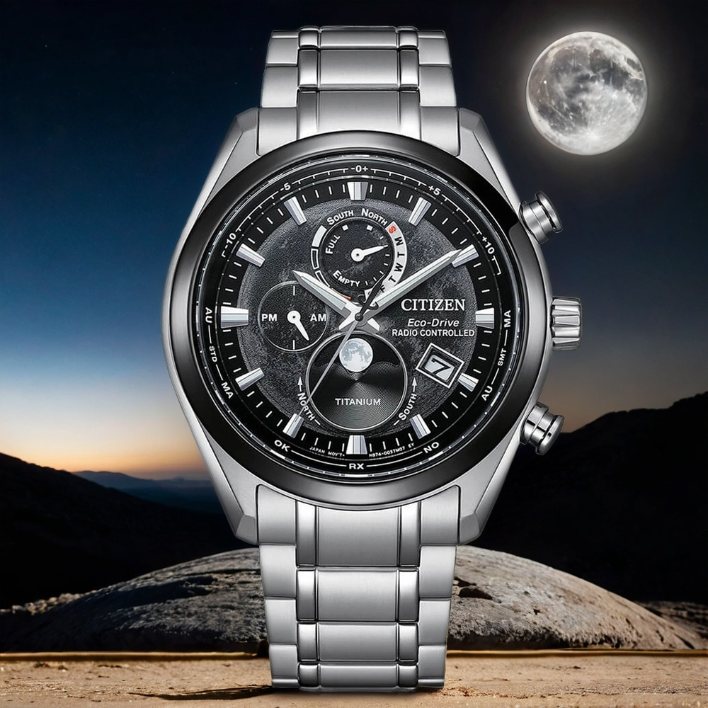 CITIZEN 星辰 月相 超級鈦 光動能電波萬年曆手錶 BY1018-80E, , large