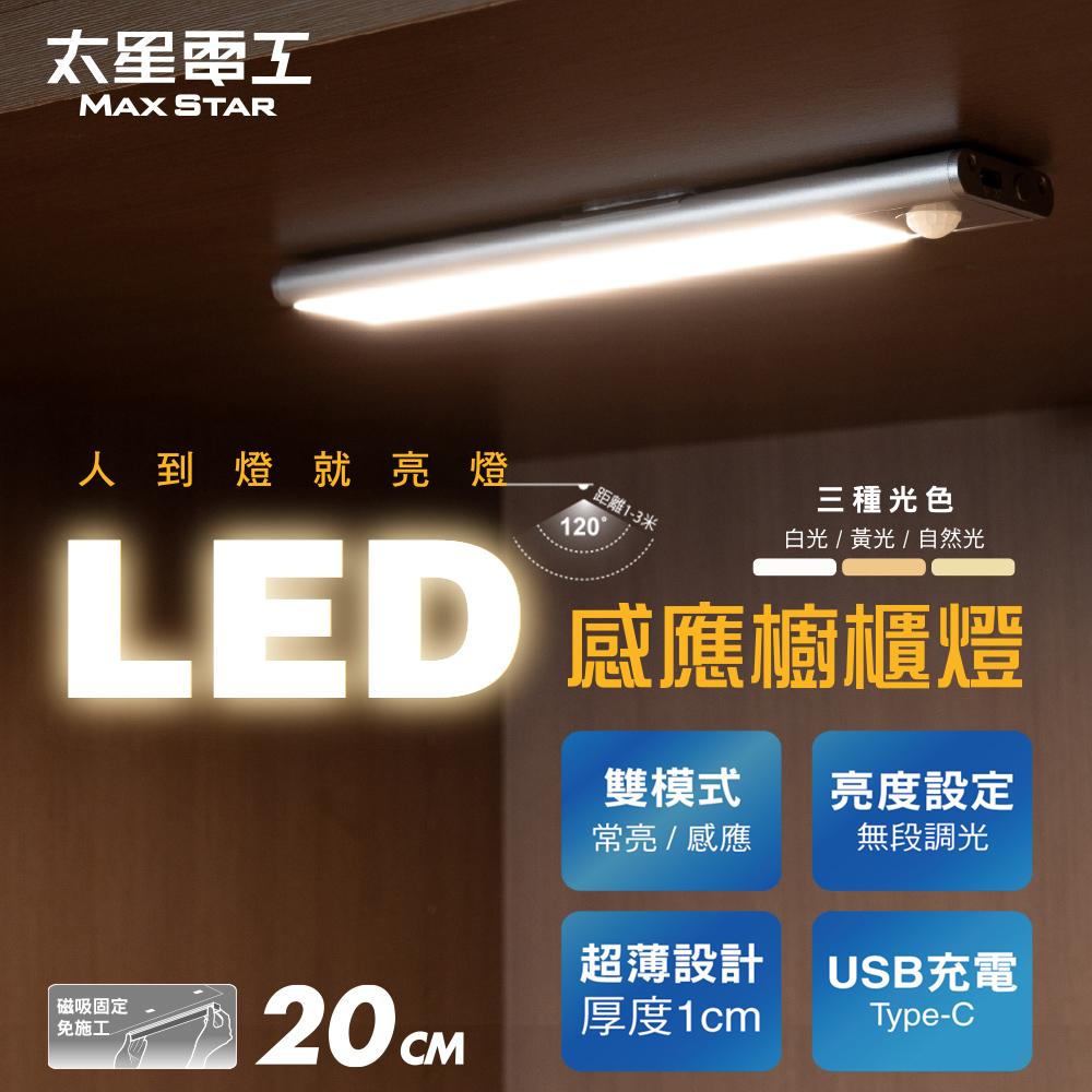 【Taixing Electric】LED Human Body Induction Cabinet Light (20cm) Ultra-thin Magnetic Installation USB Rechargeable Tri-color Light (Smart Induction / Cabinet Strip Light / Staircase Light), , large