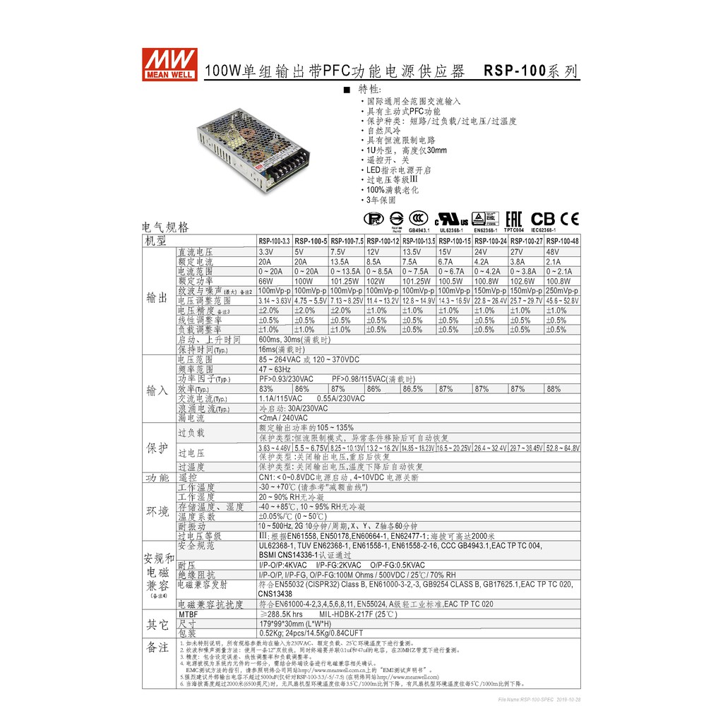 明緯 100W單組輸出電源供應器(RSP-100-24), , large