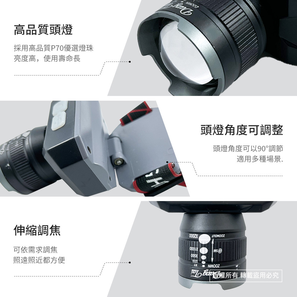 WT-185 Dongtai 65W Yellow and White Light Telescopic Focus USB Rechargeable Headlight P70 Lamp Beads, Multi-mode Lighting, with Charging Cable, , large