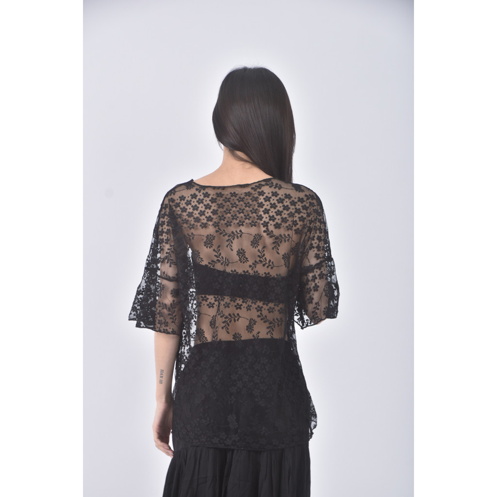 (M) 蕾絲透膚黑色短袖上衣二手衣, , large