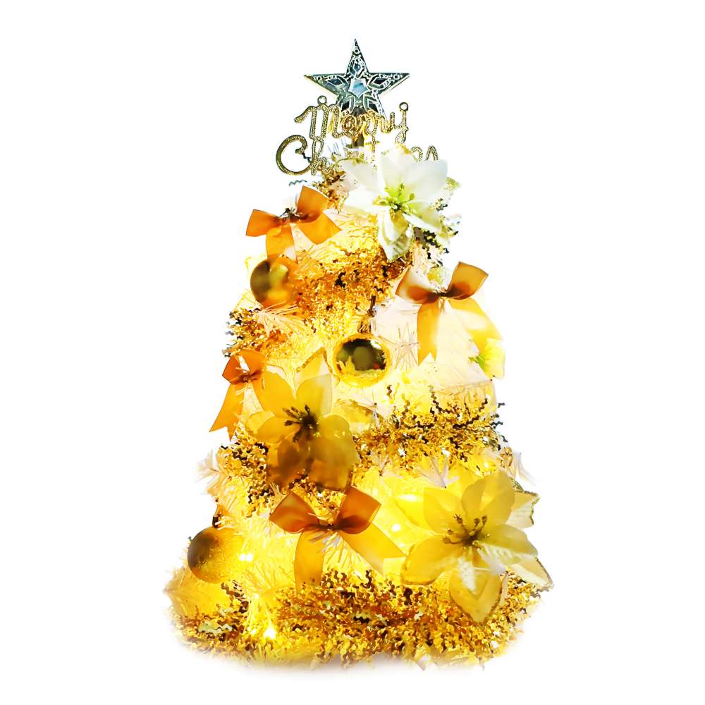 摩達客-台灣製2尺(60cm)精緻白色聖誕樹+富貴雙金聖誕花系飾品組+50燈LED燈串暖白光-USB電池盒兩用充電/本島免運費MIT歐美外銷款, , large