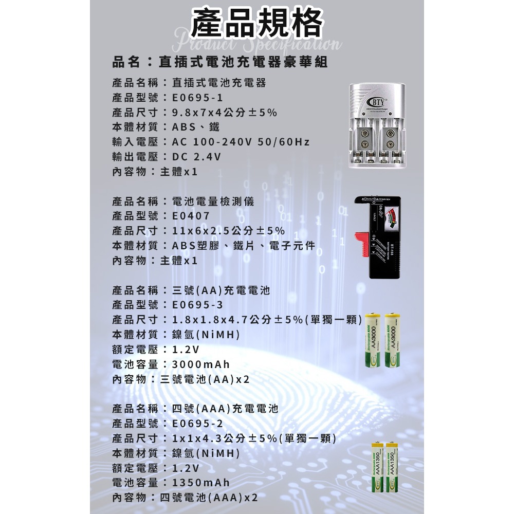 臺灣現貨（隔日出貨）直插式電池充電器豪華組 充電器 電量檢測儀 三號(AA)充電電池 四號(AAA)充電電池, , large