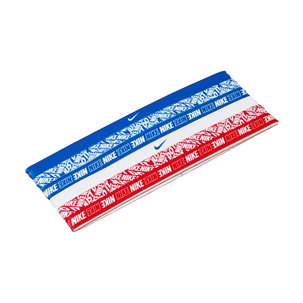 NIKE 印花髮帶6入 健身 訓練 跑步 戶外 運動髮帶 髮圈 花紋 時尚 多色 彈性 舒適 矽膠條 防滑 止滑 藍白紅, , large
