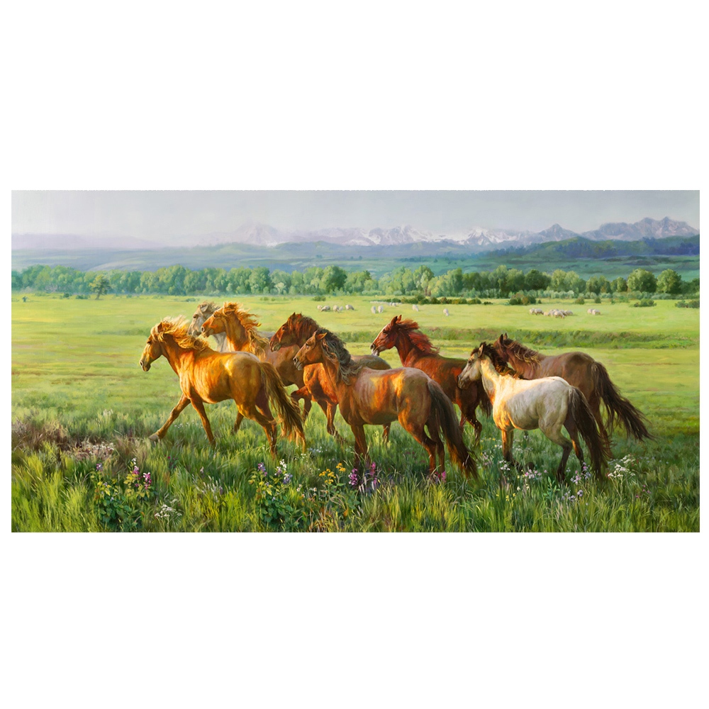 【御畫房】八駿雄風 國家一級畫師手繪油畫60×120cm(VF-132), , large