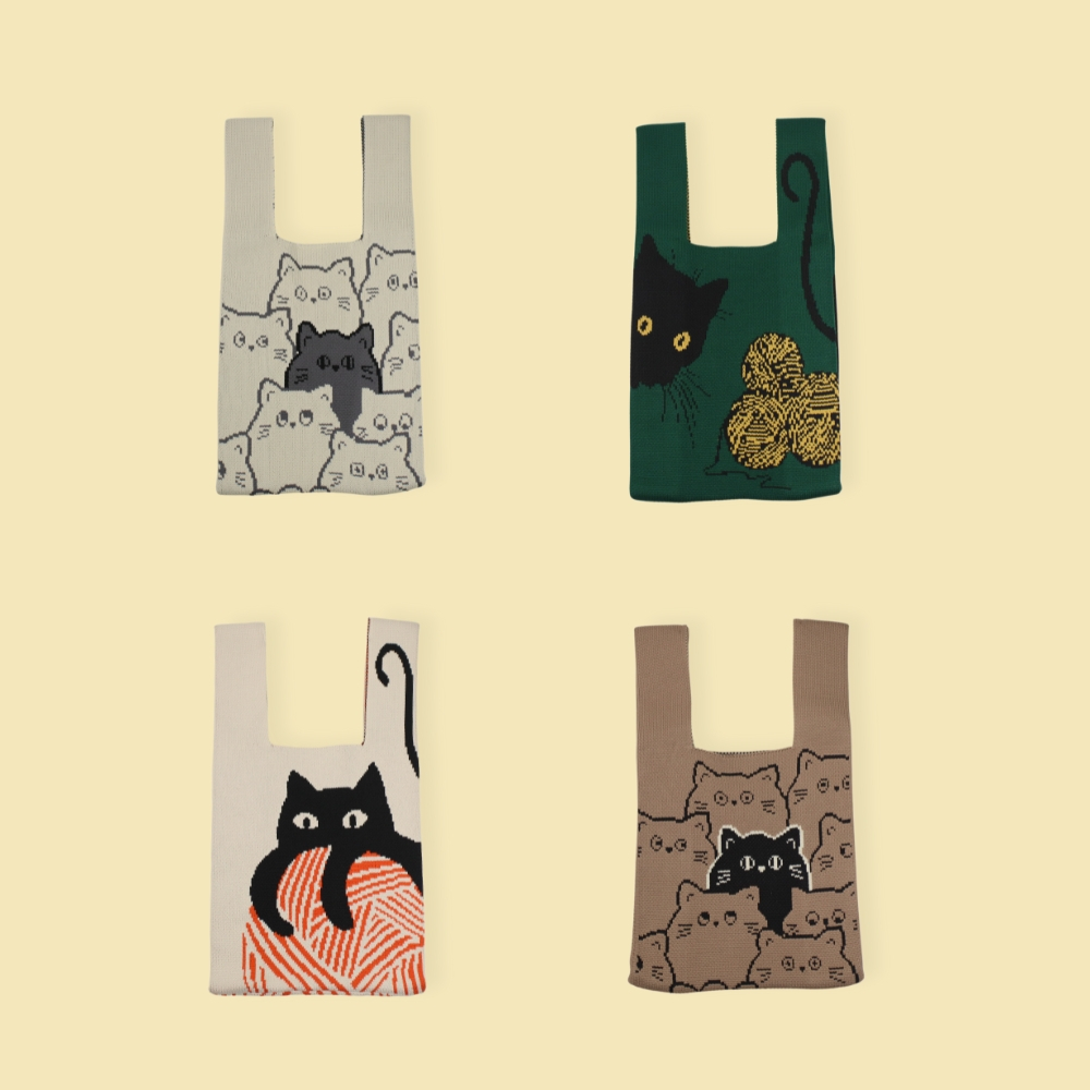 【YUN SELECT】韓系選品 針織手提包-黑貓嬉遊記 編織包 手提袋 手提背心包, , large