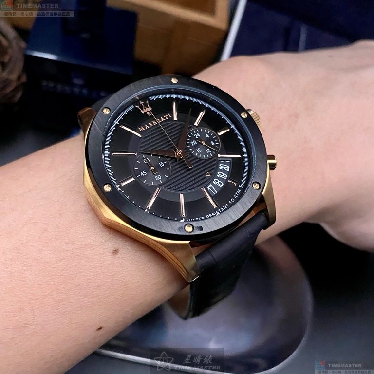 [星晴錶業]MASERATI手錶,46mm,R8871627001黑色錶面玫瑰金錶殼深黑色真皮皮革錶帶款, , large