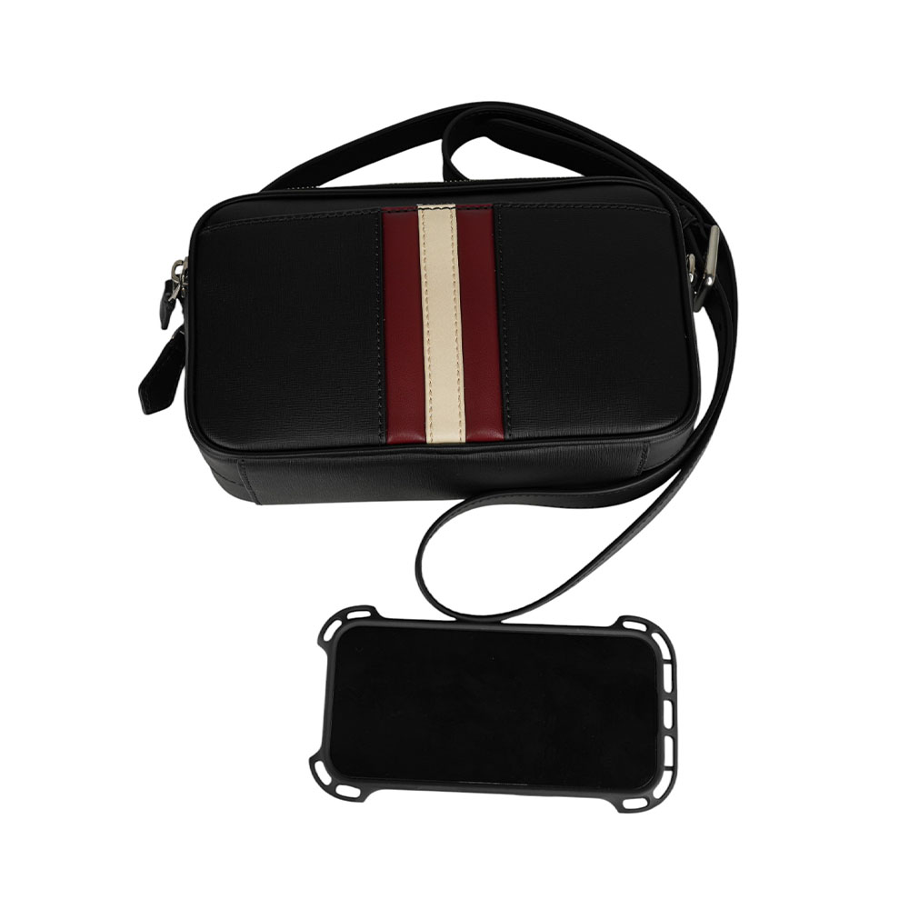 BALLY Mythos 紅白條紋再生牛皮拉鍊迷你斜背包/黑色, , large