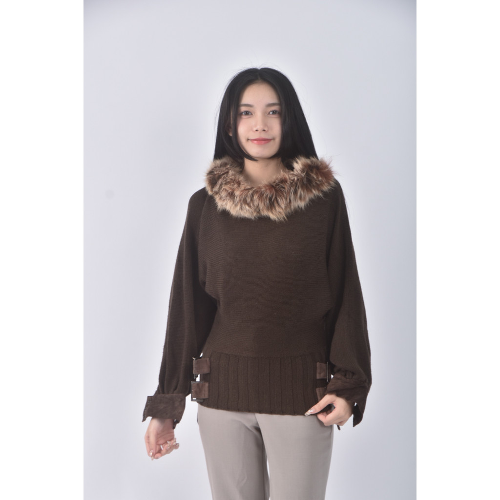 (S) tian lun質感針織領口刷毛棕色長袖上衣二手衣, , large