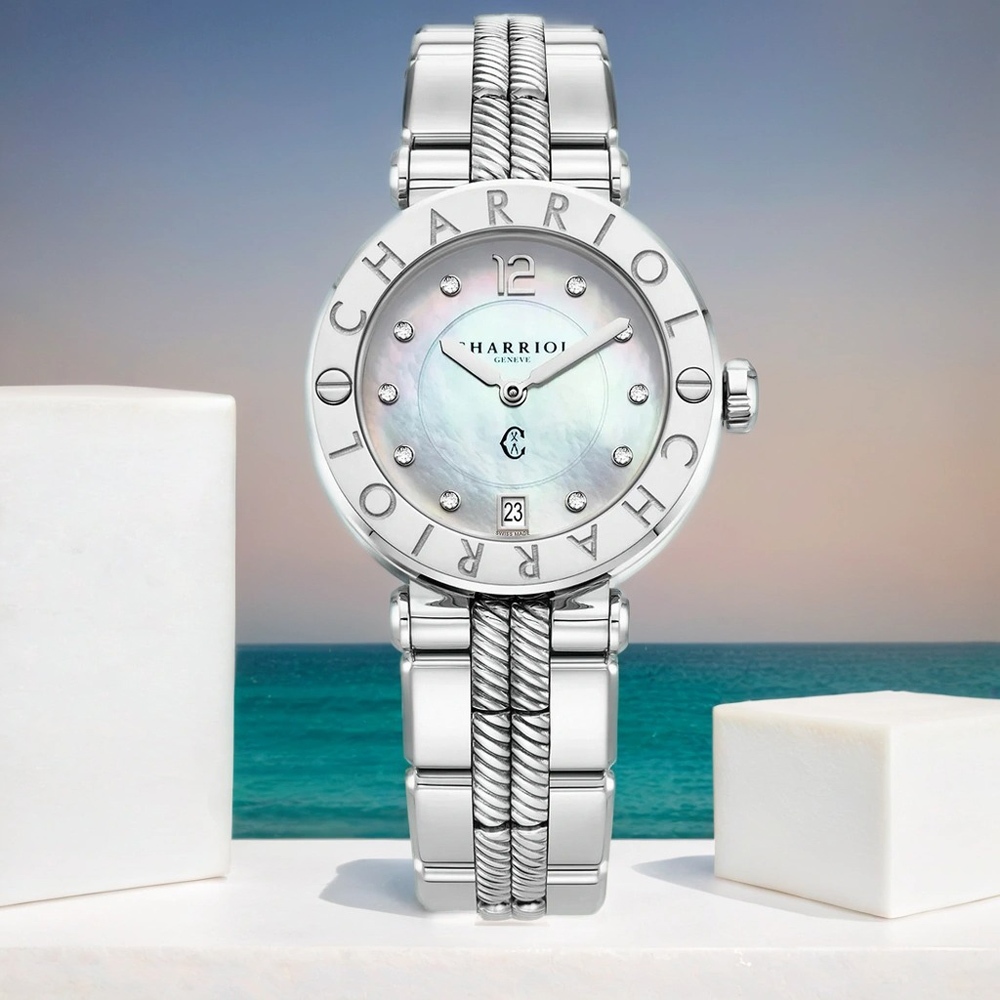CHARRIOL 夏利豪 St-Tropez系列 珍珠貝面鑽石腕錶-36mm CR36S.920.001, , large