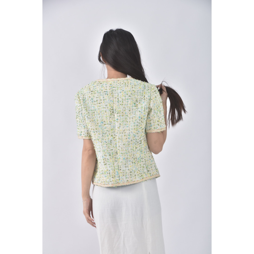 (S) 小香風Ｖ領綠色外套二手衣, , large