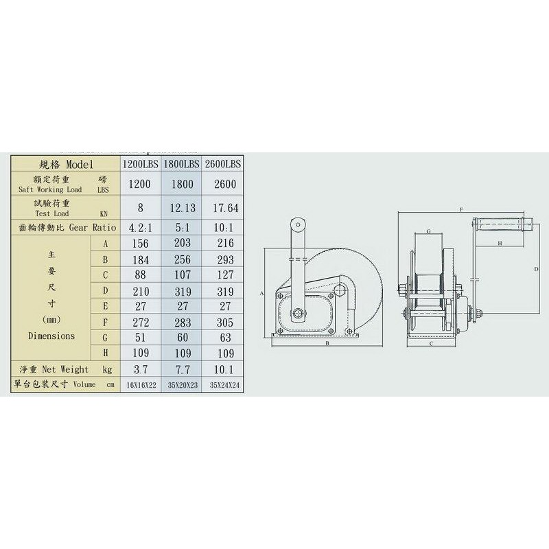 WIN 五金 LBS-1800 WIN手搖式捲揚機附煞車 手動捲揚機 手搖捲揚機 鋼索手動絞盤 手拉吊車 手搖吊車, , large