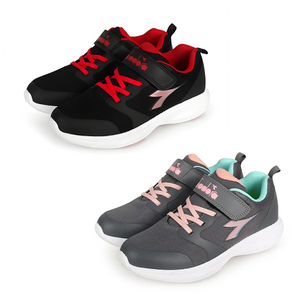 DIADORA迪亞多那 大童輕量慢跑鞋 童運動鞋 童鞋 時尚 防潑水 寬楦 透氣 吸震 減壓 健康鞋墊 止滑 黑紅 灰粉